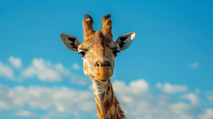 Naklejka premium Closeup of a Namibian Giraffe Against a Clear Blue Sky in Africa