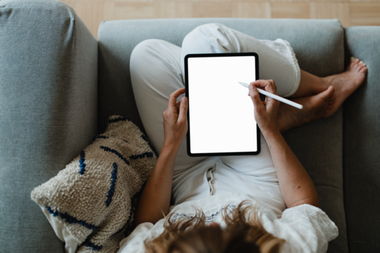 Digital tablet png mockup, woman working from home transparent design