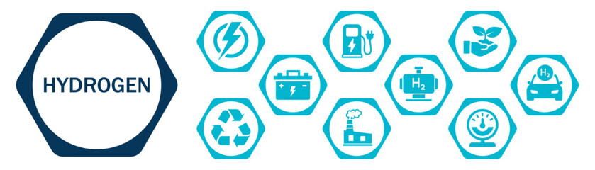 Hydrogen banner web / website icons , vector illustration concept with icons of energy, renewable, electrolysis, hydrogen gas, industry, fuel, on white background. 