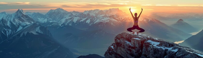 The photo shows a person doing yoga on a mountaintop