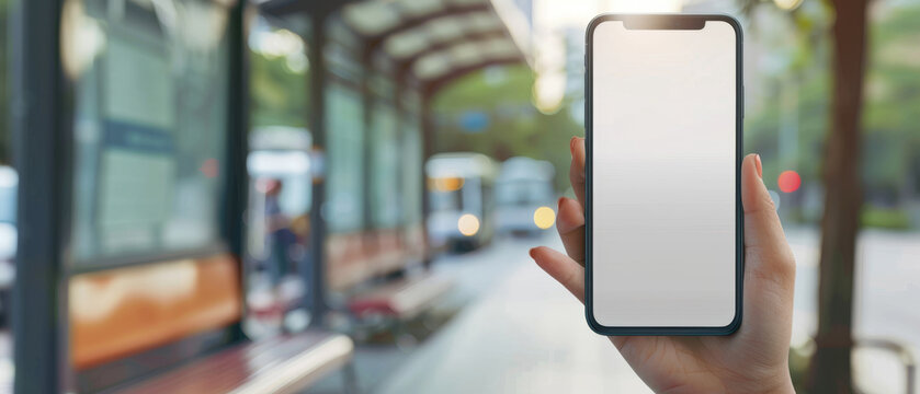 A person holds a blank smartphone screen against the backdrop of a city sidewalk and bus stop, highlighting the intersection of modern technology and urban commuting. - Powered by Adobe