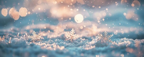 closeup of snow covered surface with delicate snowflakes against white blur bokeh background