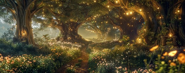 A fantasy forest with giant trees covered with glowing lights and flower meadow with path