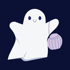 Little cute ghost trick or treating on Halloween, hand drawn vector illustration in cartoon style, isolated on a dark background