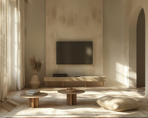Professional 3D generated Big Flat Screen TV, in a minimalist interior with neutral colors.
