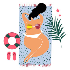 Png beach tanning lady hand drawn sticker, transparent background