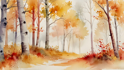 Watercolor painting a autumn forest landscape. Generative AI