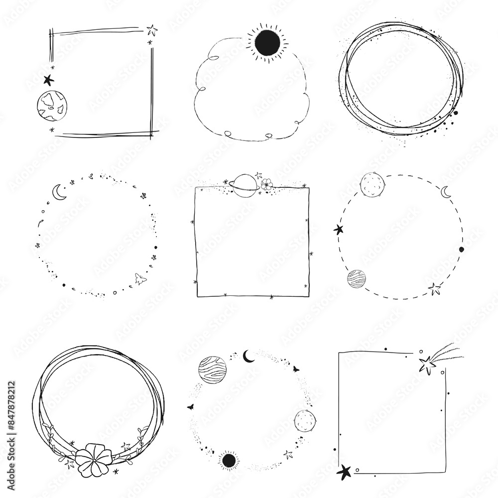Poster minimal line art galaxy frame set transparent png