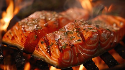 Cooked salmon steaks over an open flame - Powered by Adobe