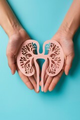 Hands holding a paper cut art of a human kidney on a blue background