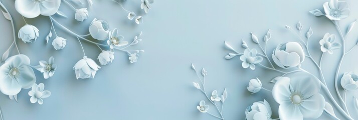 White floral elements on light blue background.