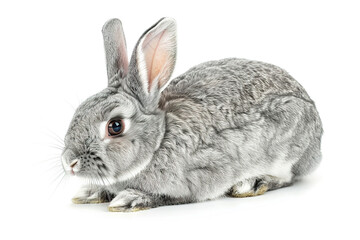 A fluffy grey rabbit sits alert on a white background, its fur detailed and eyes bright. Perfect for Easter, pet, or nature projects.. Wildlife Animals.