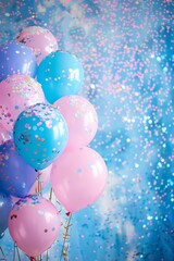 shiny pink and blue balloons with confetti background
