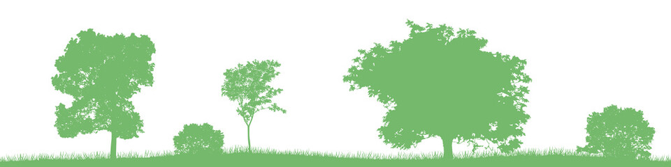 Green silhouettes set of deciduous trees ans bushes on transparent background