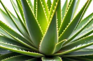 Fototapeta premium Close-up of a dewy aloe vera plant. Flowering aloe vera with drops of water. Care components of this plant.