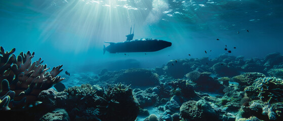 Fototapeta premium A submarine glides quietly through an underwater world, surrounded by vibrant coral reefs and teeming marine life, under sunlit waters.