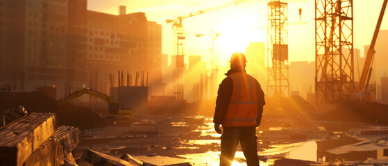 Fototapeta premium A construction worker stands atop a building site at sunrise, silhouetted against dramatic cranes and a burgeoning horizon.