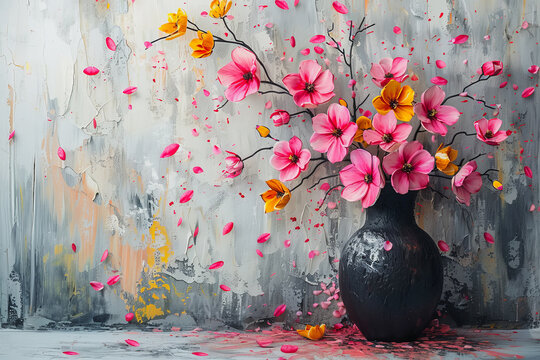 Pintura al oleo abstracta con jarron oscuro y flores de cerezo rosas y naranjas con fondo grunge