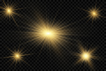 Sparkling stars, twinkling and flashing lights. Collection of various light effects on a black background. Realistic vector graphics