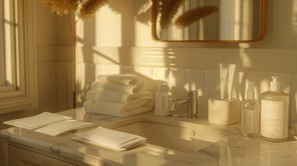 Bathroom vanity setup with the patches prominently displayed