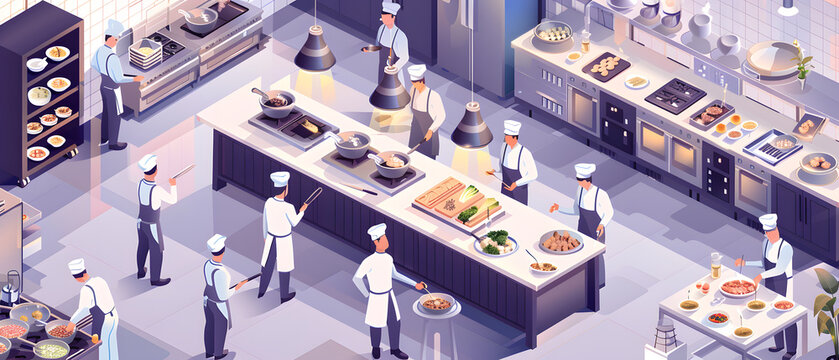 A bustling restaurant kitchen scene with many chefs working in an isometric view.