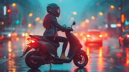 A motorcyclist wearing a helmet rides a scooter on a rainy city street illuminated by colorful lights and reflections at night.