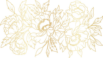 Peony flowers gold line art illustration