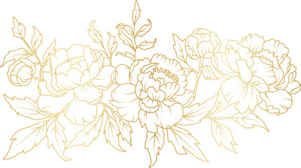 Peony flowers gold line art illustration