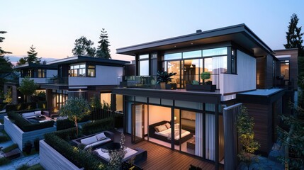 Obraz premium contemporary townhouse with sleek architecture, a rooftop deck, and modern landscaping