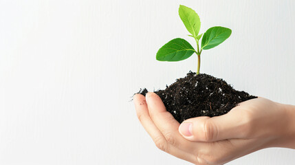 A close-up of a hand tenderly nurturing a young plant in soil under sunlight,