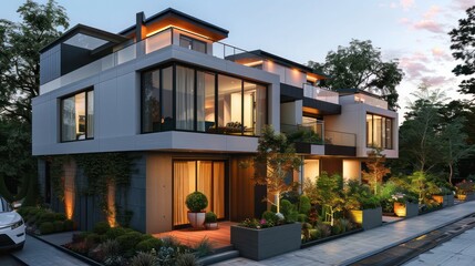 contemporary townhouse with sleek architecture, a rooftop deck, and modern landscaping