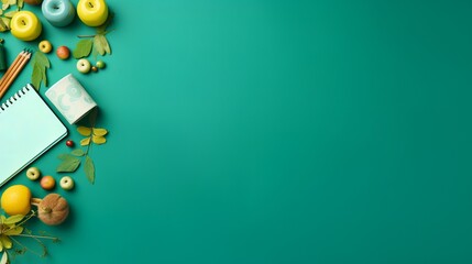 Back to school background with flat lay of colorful school supplies on a green table, featuring pencils, notebooks, scissors, and erasers, top view with copy space.



