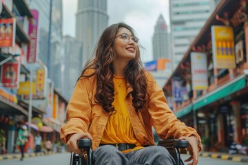 Fototapeta premium A happy woman in a wheelchair explores the city streets with skyscrapers