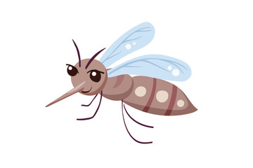 Cute Cartoon Mosquito Character. Vector Aedes Aegypti insect on white background. Concept for kids to prevent dengue and malaria diseases. Pest control design element.
