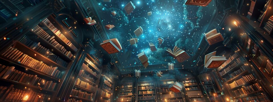 A magical library where books float in the air, surrounded by twinkling stars.