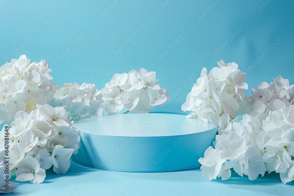 Canvas Prints Chic Podium with White Hortensia Blossoms: A stylish mock-up podium positioned on a vibrant blue background