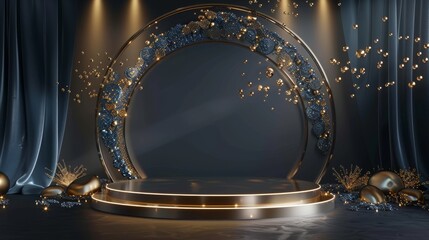A beautifully designed 3D podium with a cylinder shape, highlighted by a spotlight and surrounded by abstract elements in gold and blue, creating a luxurious and elegant atmosphere
