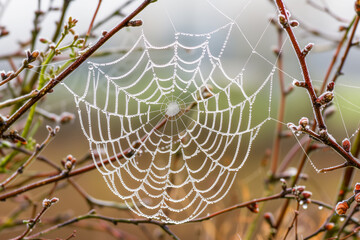 Dew-covered spider web suspended between branches, with intricate droplets sparkling like diamonds in the early morning light, capturing the beauty of nature's delicate intricacies