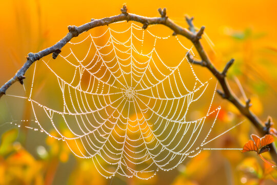 Dew-covered spider web suspended between branches, with intricate droplets sparkling like diamonds in the early morning light, capturing the beauty of nature's delicate intricacies