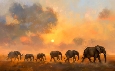 Fototapeta premium Family of elephants trekking across the vast Serengeti plains, with dust kicking up from their footsteps and the sun setting on the horizon