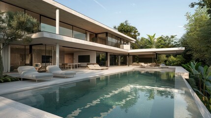 Fototapeta premium contemporary villa with minimalist architecture, large pool, and lush landscaping