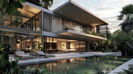 Fototapeta premium contemporary villa with minimalist architecture, large pool, and lush landscaping