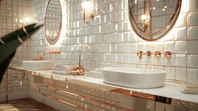 Interior design of a luxury bathroom restaurant. Minimalistic and elegant style. white tiles with organic patterns and copper colors. Generative AI.