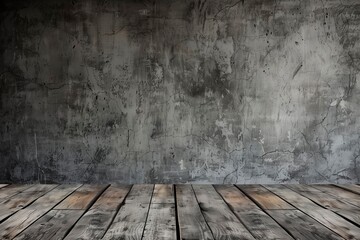 Gray concrete room wall. Architecture. Abandoned room. Old wooden planks
