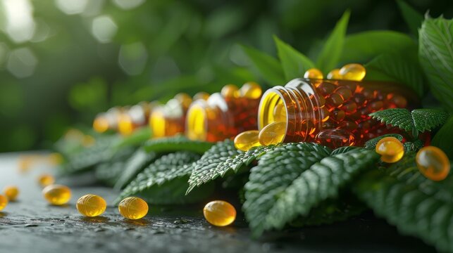 Natural Supplements And Herbal Remedies. Alternative Medicine. Pills Spilling Out Of Bottle Onto Green Leaves.