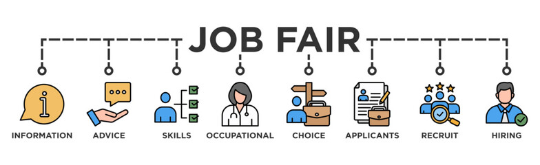 Job fair banner web icon vector illustration concept for employee recruitment and onboarding program with an icon of the information, advice, skills, occupational, applicants, recruit, and hiring