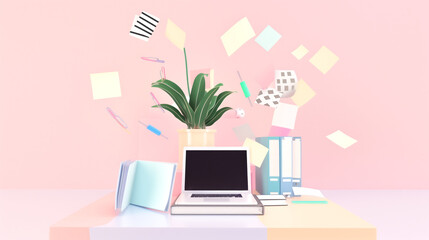 3D illustration of a desk setup with a laptop, books, and a potted plant