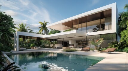 Fototapeta premium contemporary villa with minimalist architecture, large pool, and lush landscaping
