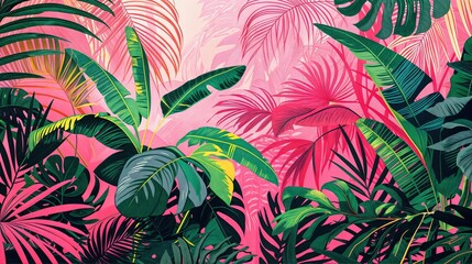 A vibrant illustration of lush, tropical foliage in shades of green and pink