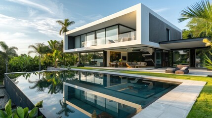 Fototapeta premium contemporary villa with minimalist architecture, large pool, and lush landscaping